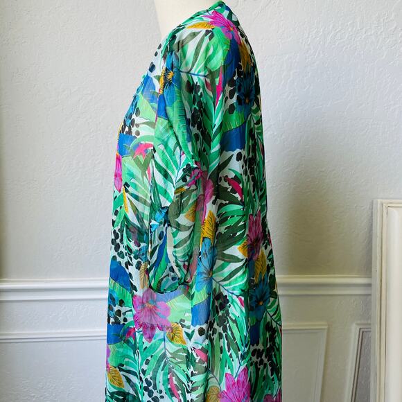 Steve Madden Green Tropical Hibiscus Mulit Color Long Kimono Cover up - Picture 4 of 7